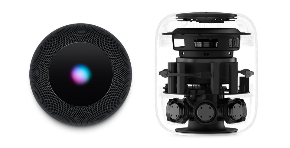 A top view and internal view of Apple's HomePod.