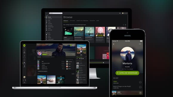 Spotify app open across various devices.