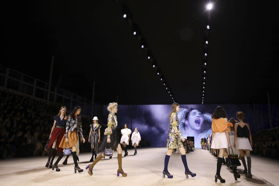 Models wear creations as part of the Vuitton Ready To Wear Spring-Summer 2020 collection, unveiled during the fashion week, in Paris, Tuesday, Oct. 1, 2019. (Photo by Vianney Le Caer/Invision/AP)