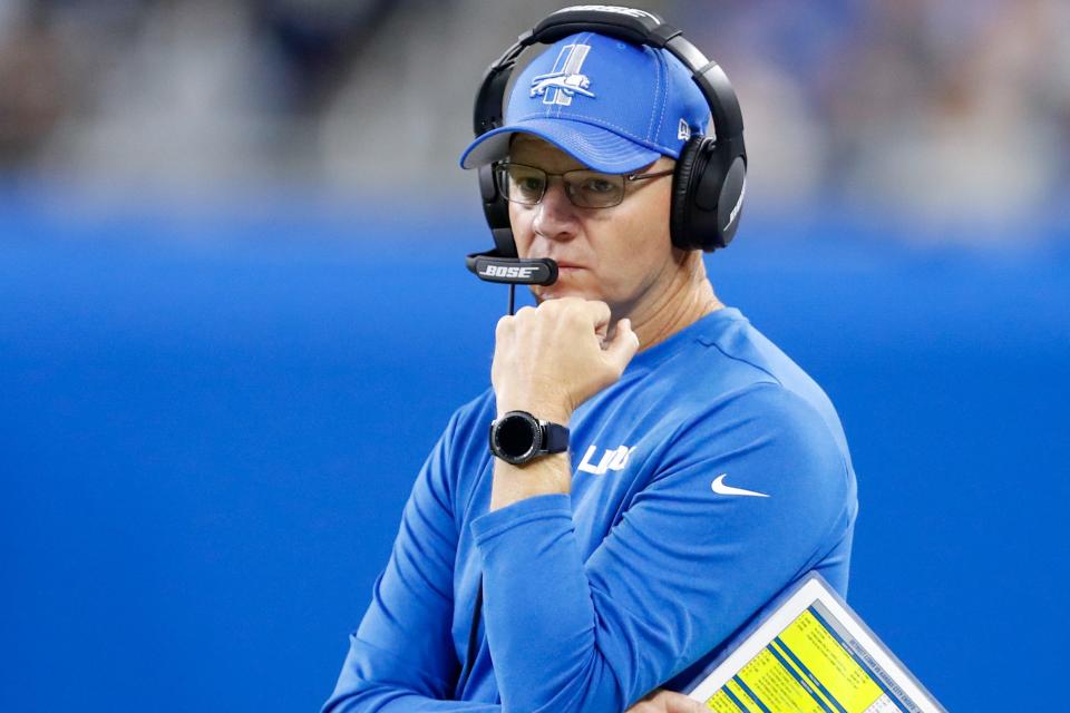 Detroit Lions offensive coordinator Darrell Bevell looks on during the first quarter against the Kansas City Chiefs at Ford Field, Sept. 29, 2019.