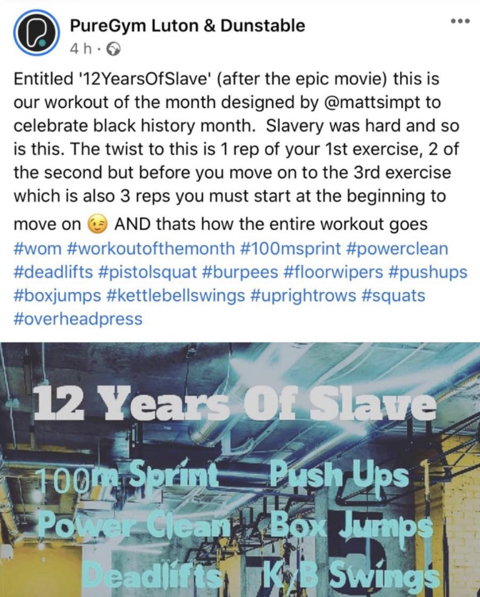 A photo shows the post on the PureGym Luton and Dunstable's Facebook about a workout called '12 Years Of Slave', which has sparked backlash.