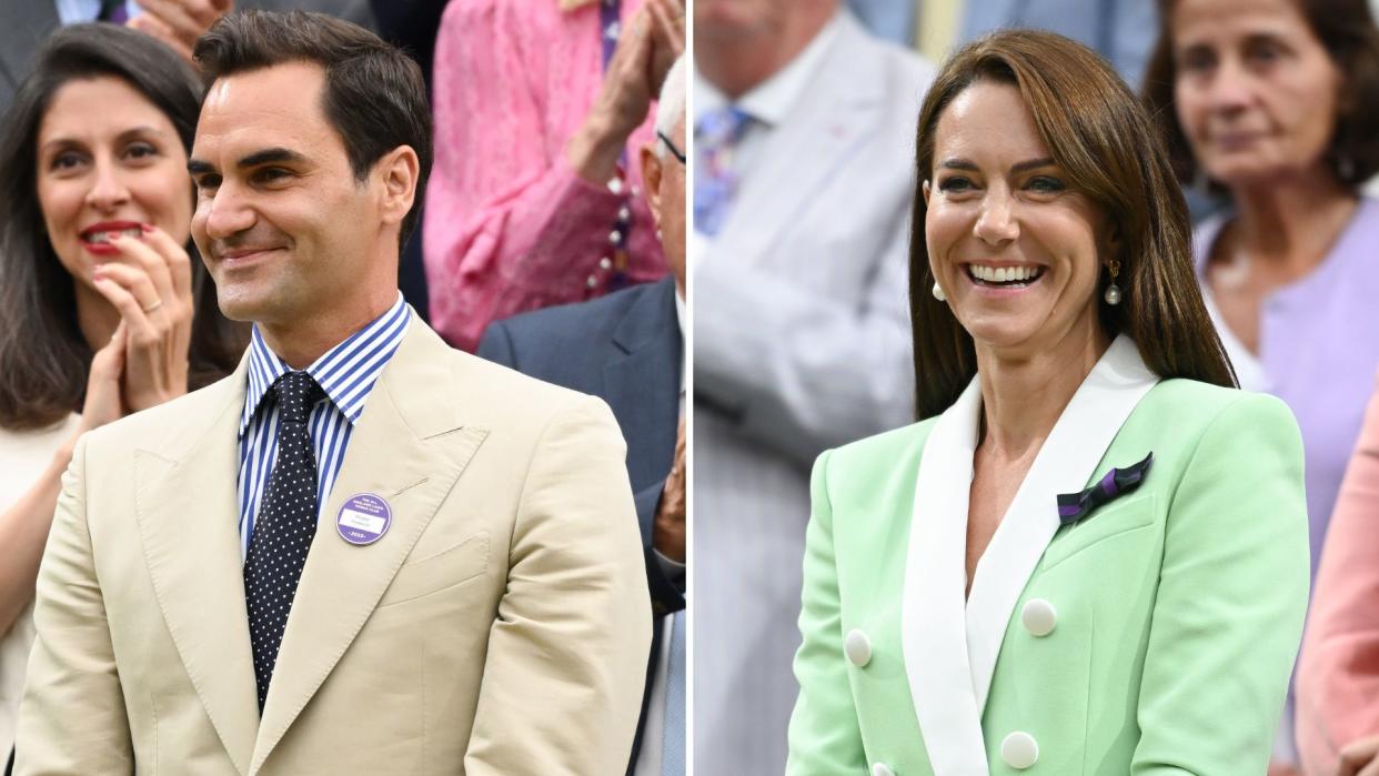  Composite of a picture of Roger Federer in a cream suit ahead of a match at Wimbledon 2023 and Kate Middleton in a mint green blazer ahead of this match. 