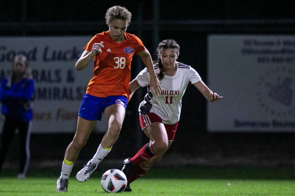 Gulfport’s Abigail Badurak, left, dribbles the ball down the field during a game against Biloxi at Herbert Wilson Recreation Center in Gulfport on Tuesday, Dec. 14, 2021.