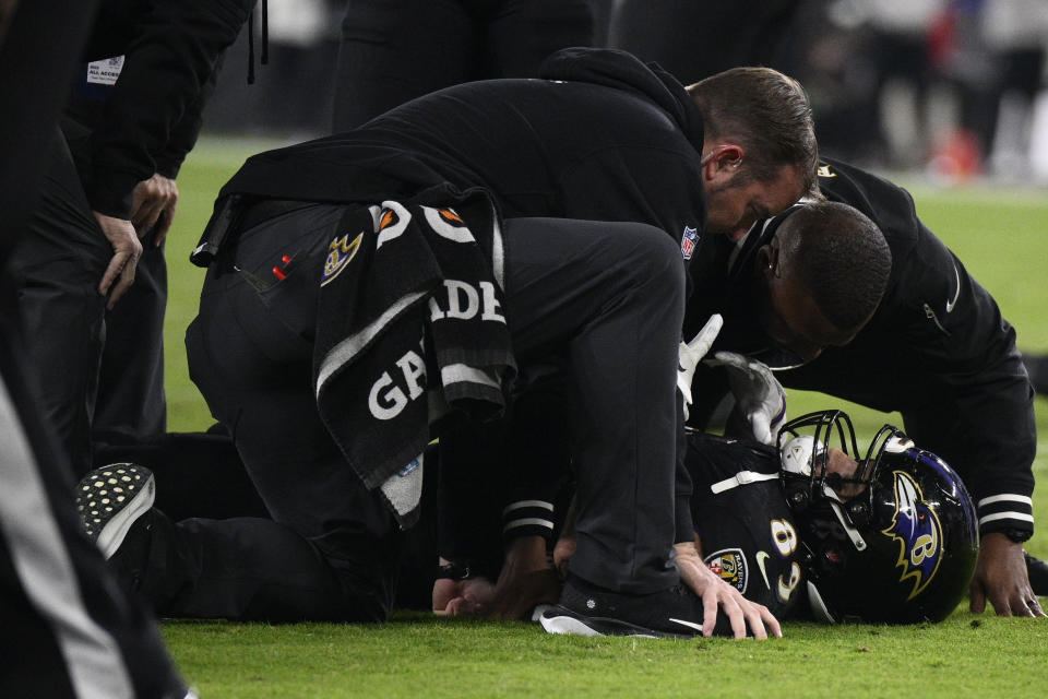 Baltimore Ravens tight end Mark Andrews (89) lays on the field in the first half of an NFL football game against the Cincinnati Bengals in Baltimore, Thursday, Nov. 16, 2023. (AP Photo/Nick Wass)