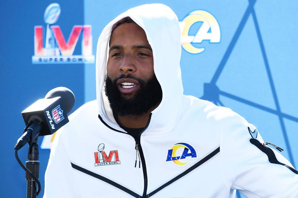 Odell Beckham Jr. #3 of the Los Angeles Rams speaks to the media during a practice for Super Bowl LVI at at California Lutheran University on February 11, 2022 in Thousand Oaks, California.