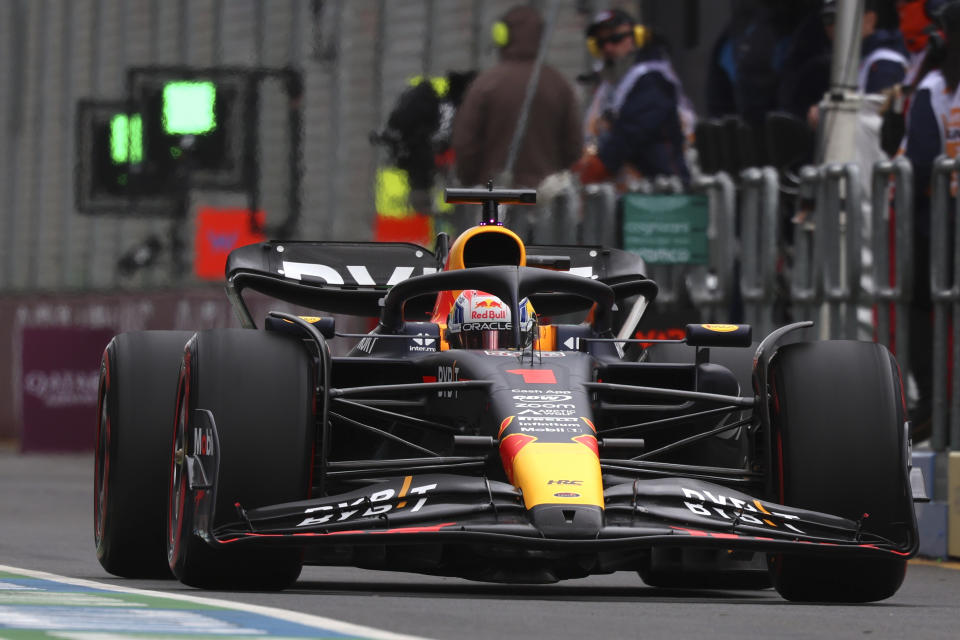 Red Bull driver Max Verstappen of Netherlands enters pit lane during a practice session ahead of the Australian Formula One Grand Prix at Albert Park in Melbourne, Saturday, April 1, 2023. (AP Photo/Asanka Brendon Ratnayake)