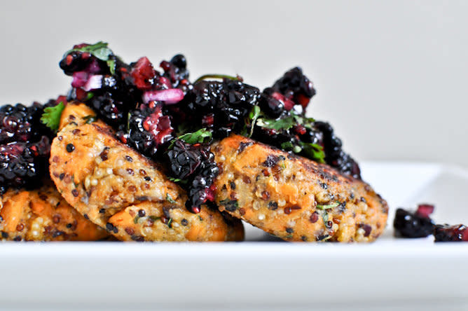 <strong>Get the <a href="http://www.howsweeteats.com/2012/05/sweet-potato-quinoa-cakes-with-blackberry-salsa/" target="_blank">Sweet Potato Quinoa Cakes recipe</a> by How Sweet It Is</strong>