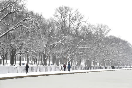 Visitors make their way under trees coated with snow left by Winter Storm Gia, which paralyzed much of the nation's midsection, at the Reflecting Pool in Washington, D.C., U.S., January 13, 2019. REUTERS/Mike Theiler