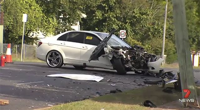 A ute crashed into a white Mercedes in Ipswich. Source: 7News