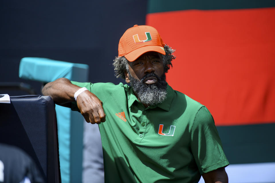 MIAMI GARDENS, FL - SEPTEMBER 03: Miami chief of staff Ed Reed stands on the field before the start of the college football game between the Bethune-Cookman Wildcats and the University of Miami Hurricanes on September 3, 2022 at the Hard Rock Stadium in Miami Gardens, FL. (Photo by Doug Murray/Icon Sportswire via Getty Images)