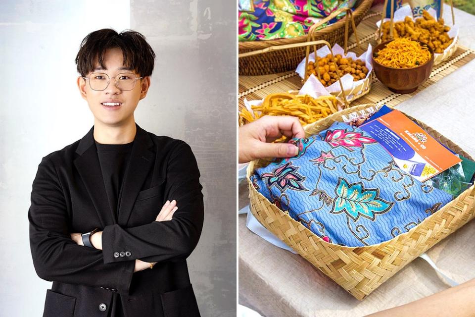 Leeson Lee, the founder of KACANG + CO (left). Heritage Kacang Bundle is presented in a rattan box, with the products wrapped in batik. (right).