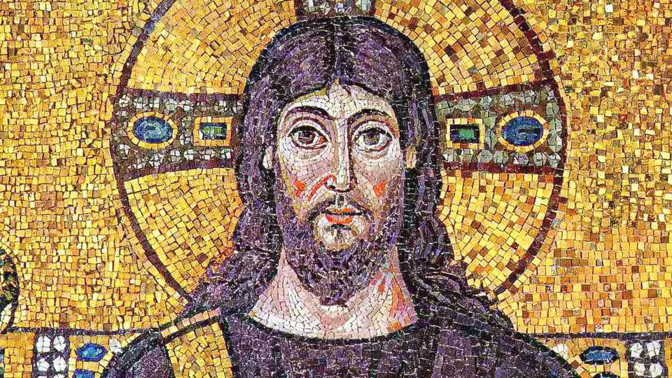 A Byzantine mosaic features Tyrian purple in the robes and hair of Jesus Christ. - CPA Media Pte Ltd/Alamy Stock Photo