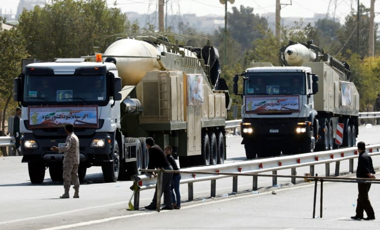 Iran displays a new multiple-warhead medium-range missile dubbed the Khoramshahr at a military parade in Tehran on September 22, 2017