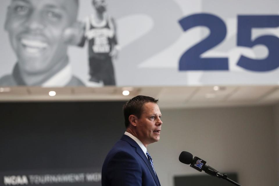 New Memphis athletic director Laird Veatch speaks during a press conference at Laurie-Walton Family Basketball Center on Tuesday, August 13, 2019. 