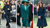 <p>Diana wore this tartan ensemble on a visit to Venice in 1985. Both her daughters-in-law followed suit – Kate in 2012 and Meghan in 2017. Source: Getty </p>