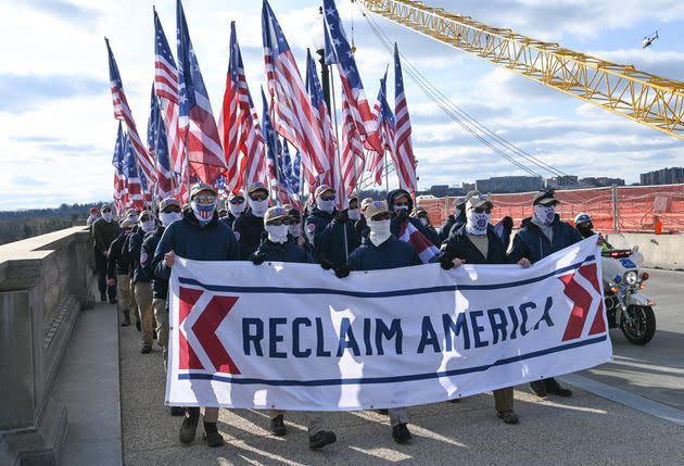 Patriot Front members march from the Lincoln Memorial to the U.S. Capitol, escorted by D.C. Metro Police, on Feb. 8, 2020. (Photo: Zach D Roberts/NurPhoto via Getty Images)