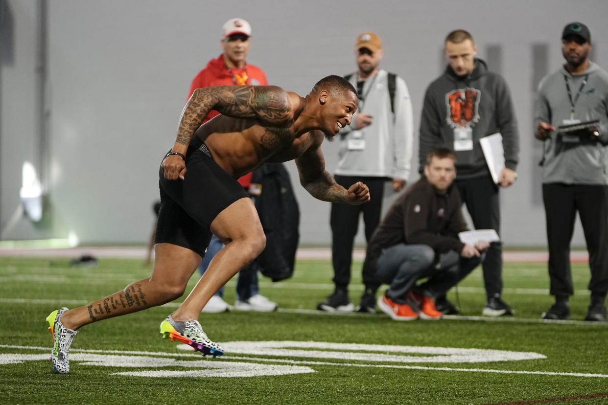 Mar 20, 2024; Columbus, Ohio, USA; Former Ohio State football player Amir Riep works out for scouts during Pro Day at the Woody Hayes Athletic Center.