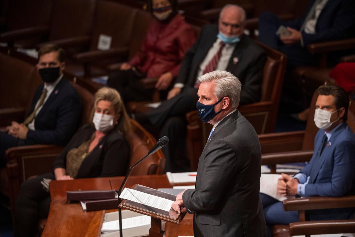 House Minority Leader Kevin McCarthy, R-Calif., speaks as the House debates the certification of Arizona's Electoral College votes after they reconvened following protests at the U.S. Capitol in Washington, D.C., January 6, 2021.