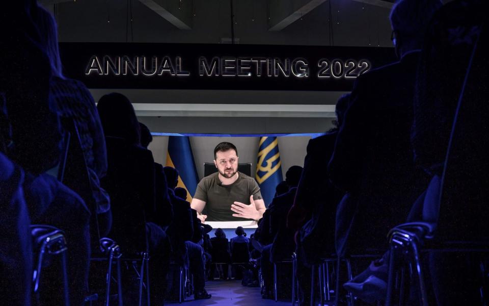 Volodymyr Zelensky during his address by video conference as part of the World Economic Forum (WEF) - Fabrice COFFRINI / AFP