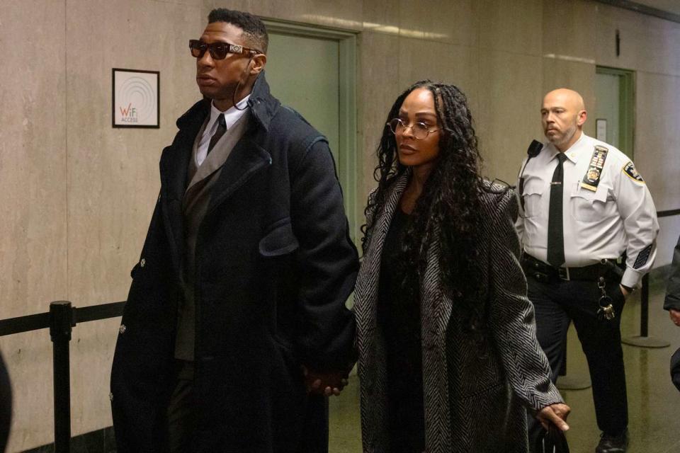 <p>AP Photo/Yuki Iwamura</p> Jonathan Majors and Meagan Good arrive at court on Nov. 29, 2023, in New York.