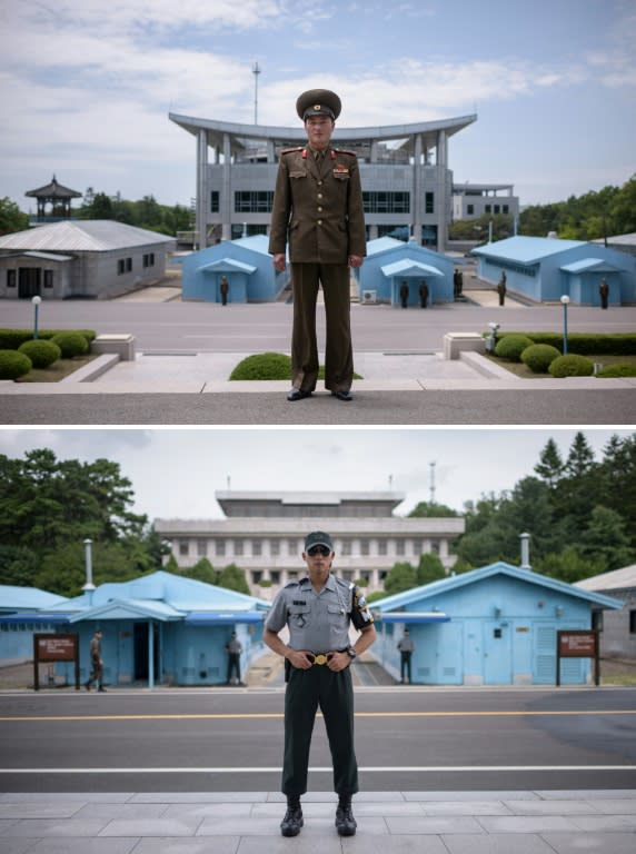 Lieutenant Kim (top) and Corporal Woo (bottom) pose for portraits on either side of the Panmunjom truce village