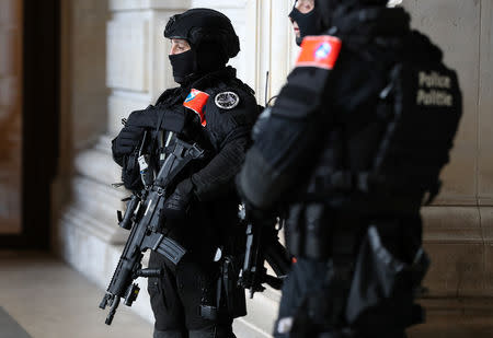 Belgian police special unit officers secure the Palace of Justice during the trial of Mehdi Nemmouche and Nacer Bendrer in Brussels, Belgium March 11, 2019. REUTERS/Yves Herman