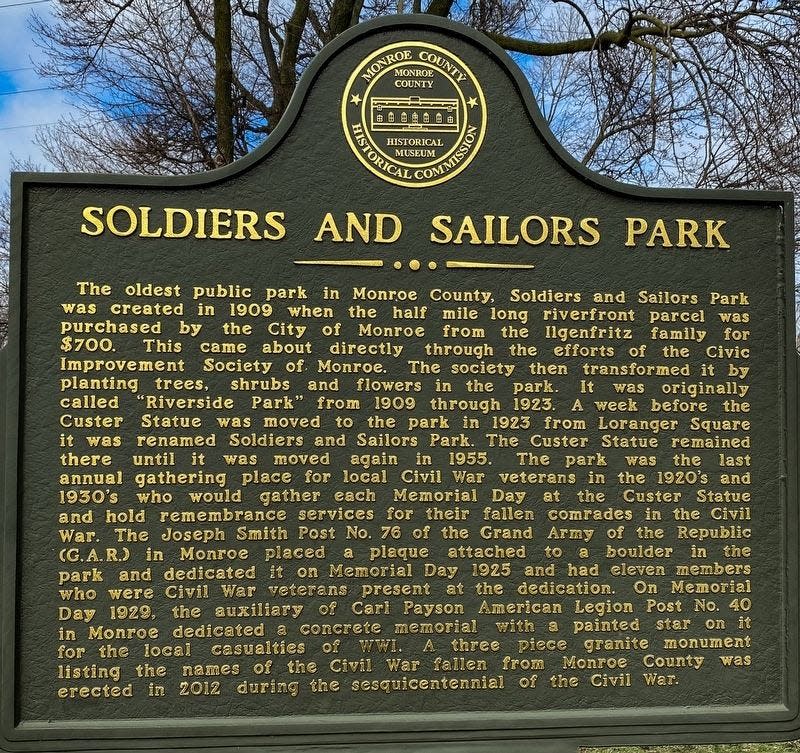 The face of the Michigan Historical Marker honoring Monroe’s Soldiers and Sailors Park is in clear view. Civil War veterans used Soldiers and Sailors Park as a gathering place each Memorial Day during the 1920s and 1930s. Provided photo