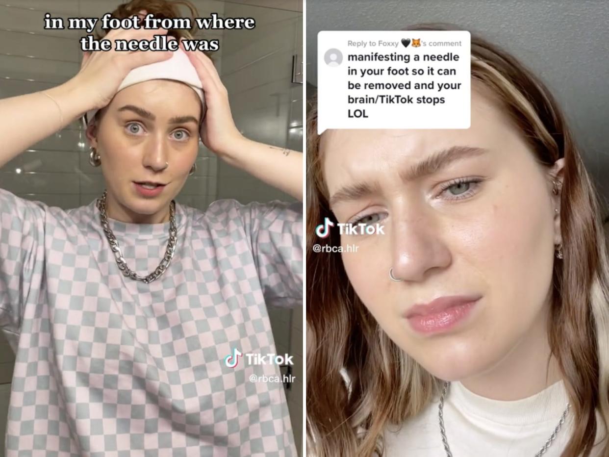 Screenshots from Hiller's TikTok in which she recounted the sewing needle saga.