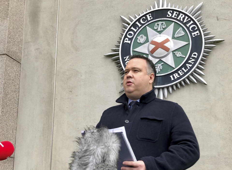 FILE - File photo dated 17/11/20 of Police Service of Northern Ireland (PSNI) Detective Chief Inspector John Caldwell speaks on Nov. 17, 2020 on Belfast, Northern Ireland. Caldwell, a senior Northern Ireland police officer is in critical but stable condition in a hospital after being shot by two masked men while he coached children’s soccer. Police said Thursday Feb. 23, 2023 that a dissident Irish Republican Army splinter group is suspected of shooting the detective at a sports complex in the town of Omagh on Wednesday night. (David Young/PA via AP)