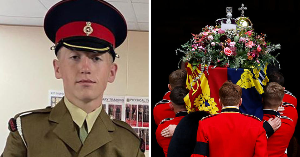 L: Jack Burnell-Williams in his military gear. R: Soldiers carry the Queen's coffin 