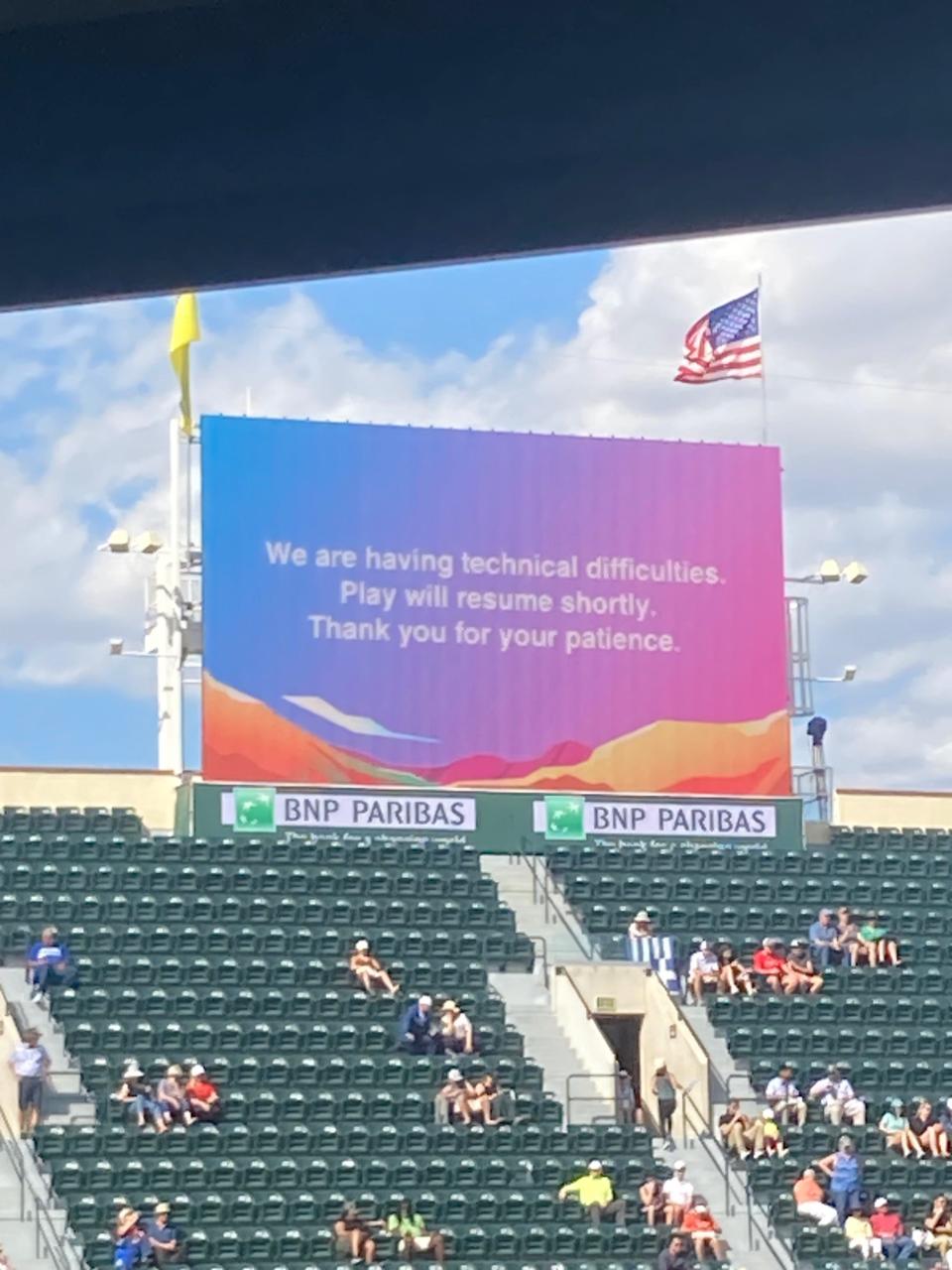 The women's semifinal match at the BNP Paribas Open on Friday between Aryna Sabalenka and Maria Sakkari was delayed when the audio system on Stadium 1 went out.