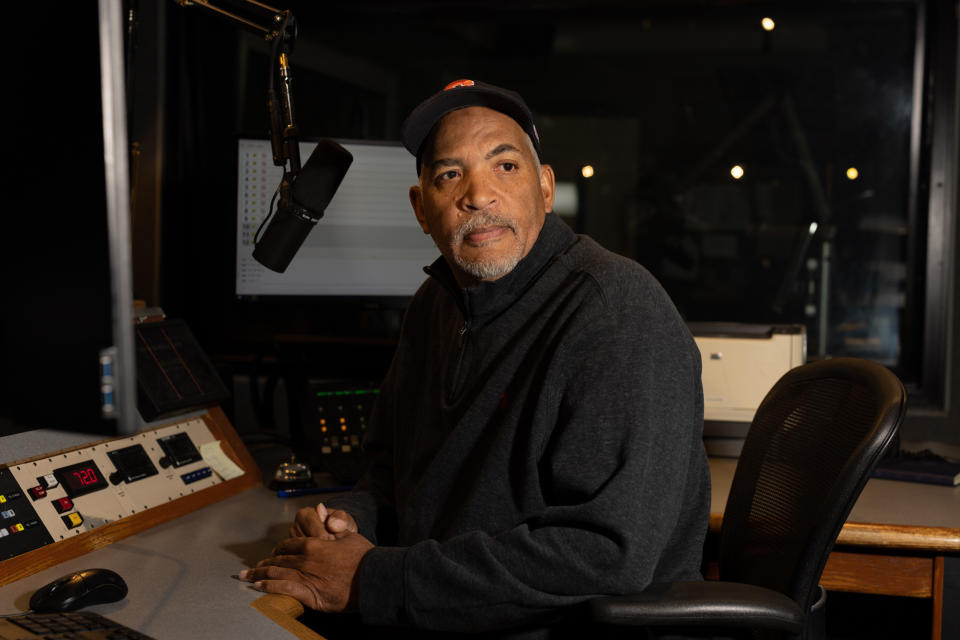 Shelly Wynter in the studio of his radio show in Atlanta on Oct. 10, 2022. (Lynsey Weatherspoon for NBC News)
