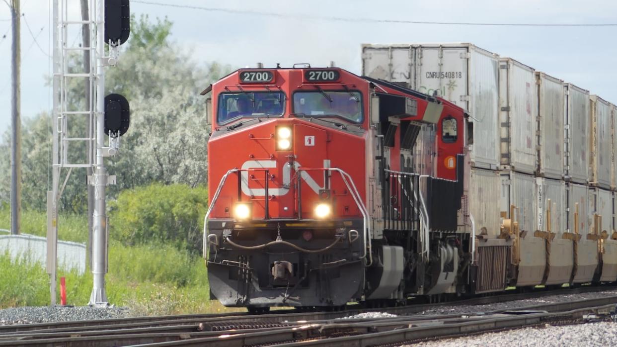 A Canadian National Railway (CN) train derailed near Hinton, Alta., early Saturday morning, according to the Transportation Safety Board of Canada. (Travis Golby/CBC - image credit)