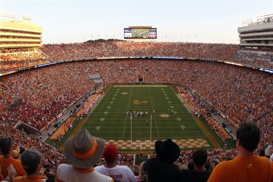 Fans pack Neyland Stadium for an NCAA college football game Georgia and Tennesee on Saturday, Oct. 5, 2013 in Knoxville, Tenn. Georgia won 34-31. (AP Photo/Wade Payne)