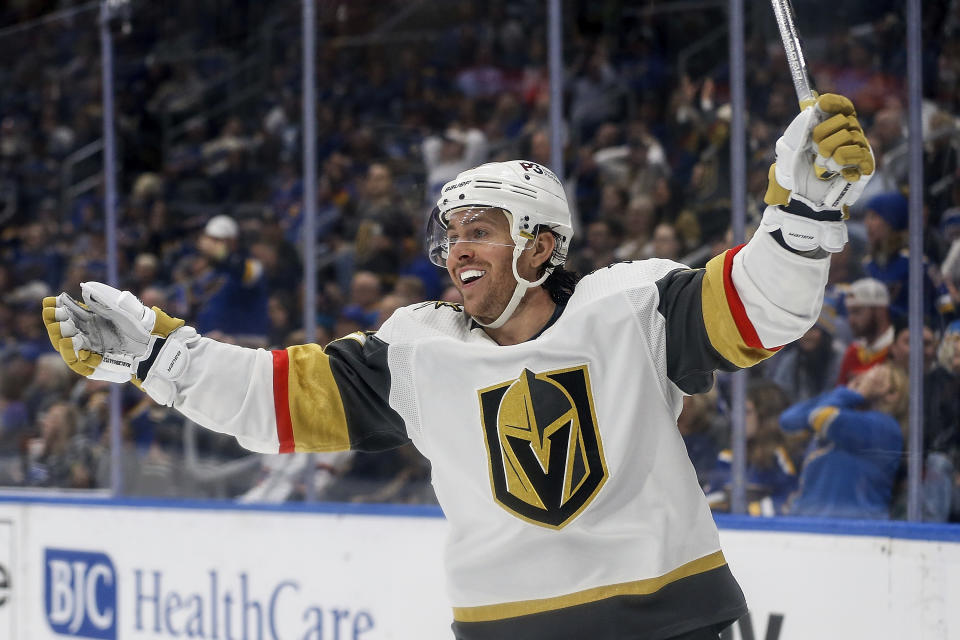 Vegas Golden Knights' Jonathan Marchessault (81) reacts after scoring a goal during the third period of an NHL hockey game against the St. Louis Blues, Friday, April 29, 2022, in St. Louis. (AP Photo/Scott Kane)