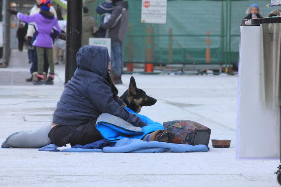 Homeless person with dog on Toronto streets in winter.