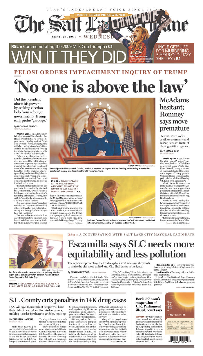 "No One Is Above The Law" The Salt Lake Tribune Published in Salt Lake City, Utah USA. (newseum.org)