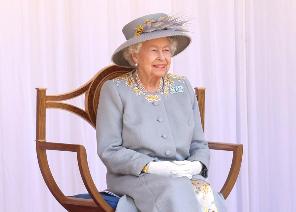 WINDSOR, ENGLAND - JUNE 12: Queen Elizabeth II attends a military ceremony in the Quadrangle of Windsor Castle to mark her Official Birthday on June 12, 2021 in Windsor, England. Trooping of the Colour has marked the Official Birthday of the Sovereign for over 260 years and it has been agreed once again that in line with government advice The Queen’s Birthday Parade, also known as Trooping the Colour, will not go ahead in its traditional form. This years parade is formed by soldiers who have played an integral role in the NHS’ COVID-19 response, as well as those who have been serving on military operations overseas. (Photo by Chris Jackson/Getty Images)