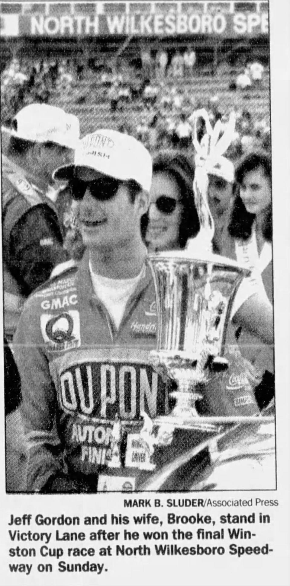 This photo appeared in the Monday, September 30th, 1996 edition of The Charlotte Observer. The accompanying headline: “Gordon won’t leave wondering: Driver closes NASCAR’s run at North Wilkesboro with win.”