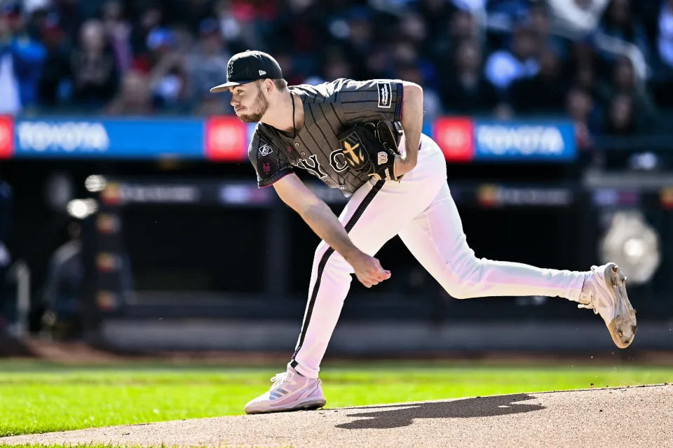 New York Mets pitcher Christian Scott (45) pitches against the Atlanta Braves during the first inning on May 11, 2024, at Citi Field.