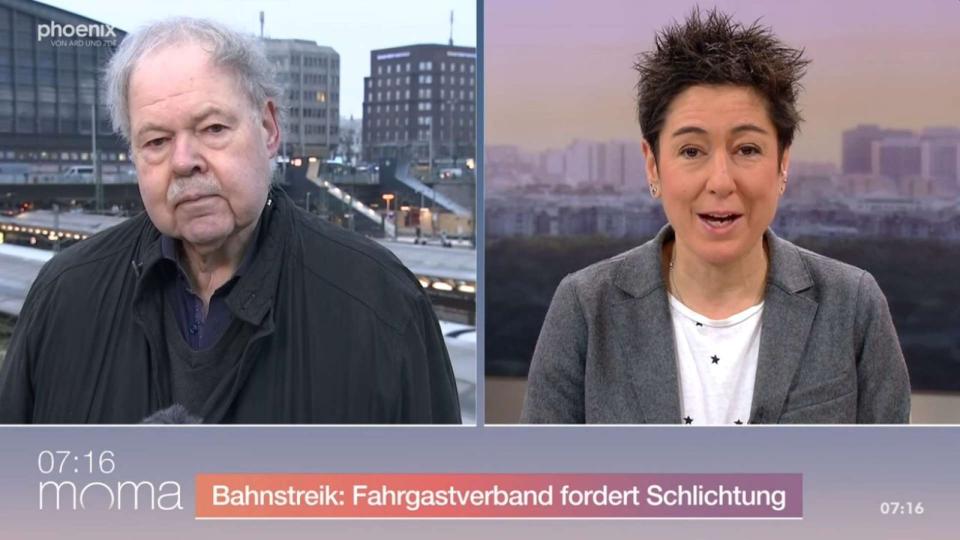 "moma"-Moderatorin Dunja Hayali wollte von Karl-Peter Naumann wissen, welche Rolle ein vermeintlicher Machtkampf zwischen den Lokführer-Gewerkschaften GDL und EVG spiele. (Bild: ZDF)