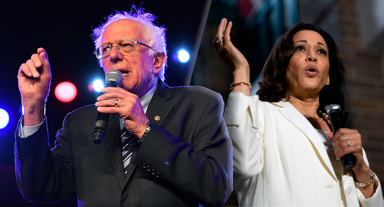 Senator Bernie Sanders and Senator Kamala Harris. (Photo illustration: Yahoo News; photos: Paras Griffin/WireImage via Getty Images, Alex Edelman /AFP/Getty Images)