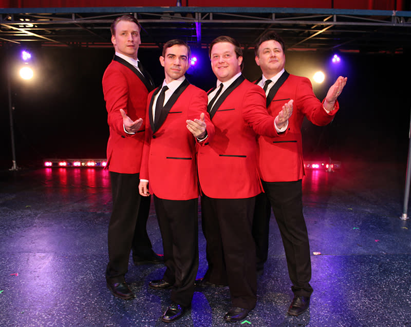 “Jersey Boys” stars Bobby Becher, left, Bear Manescalchi, Kelly Brown and Michael Ingersoll (through May 15).