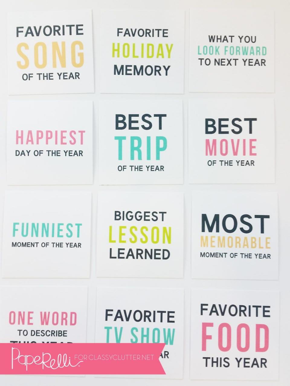 <p>This New Year's game is super-easy to make: just print the cards, cut them out, and toss into a hat or bowl. Each person pulls a card and answers a conversation-starting and sometimes revealing question about the year — like the biggest lesson learned or the happiest day. Then replace the card and move on to the next round.</p><p><em><a href="https://www.classyclutter.net/new-years-eve-printable-game/" rel="nofollow noopener" target="_blank" data-ylk="slk:Get the printable at Classy Clutter»;elm:context_link;itc:0;sec:content-canvas" class="link ">Get the printable at Classy Clutter»</a></em><br></p>