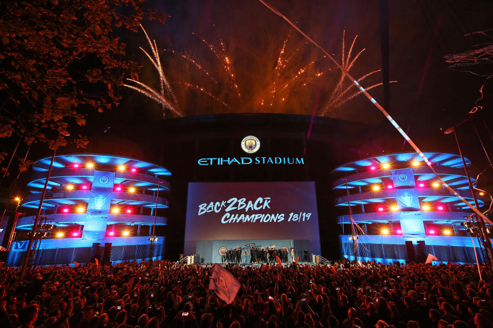 MANCHESTER, ENGLAND - MAY 12: A general view outside the stadium as the players of Manchester City celebrate in front of their fans with the trophy after winning the Premier League title at the Etihad Stadium on May 12, 2019 in Manchester, England. (Photo by Manchester City FC/Man City via Getty Images)