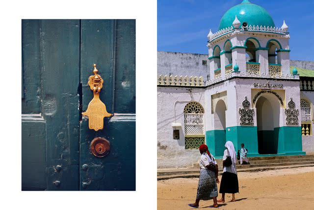 <p>From left: Khadija Farah; Sylvain Grandadam/Gamma-Rapho/Getty Images</p> From left: A door in Shela village; the Riyadha Mosque, a center for learning in the region.