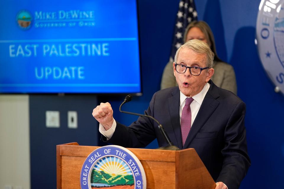 Gov. Mike DeWine speaks about the East Palestine train derailment with his cabinet officials during a press conference on Feb. 14.