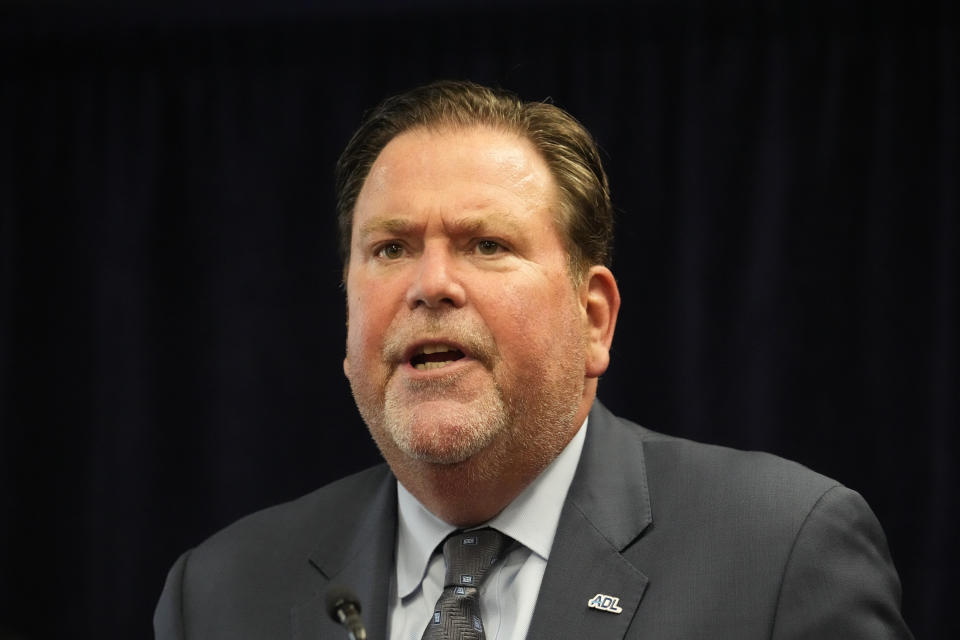 Jeffrey Abrams, Regional Director of Anti-Defamation League - ADL Los Angeles denounces anti-Semitism and hate crimes at a news conference in Los Angeles Friday, Feb. 17, 2023. A person was taken into custody Thursday in connection with the shootings of two Jewish men outside synagogues in Los Angeles this week that investigators believe were hate crimes, police said. (AP Photo/Damian Dovarganes)