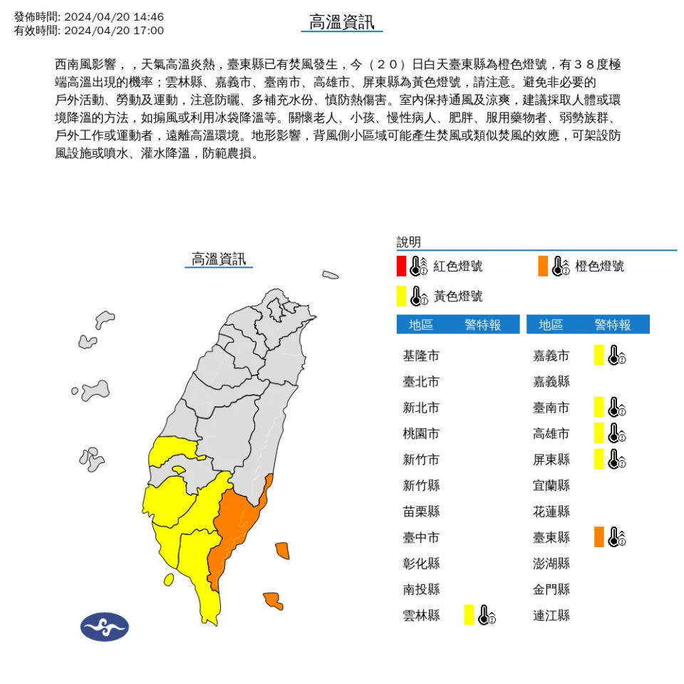 <strong>受西南風影響，天氣高溫炎熱，中央氣象署20日下午發布雲嘉南高屏、台東6縣市高溫資訊。（圖／翻攝自中央氣象署官網）</strong>