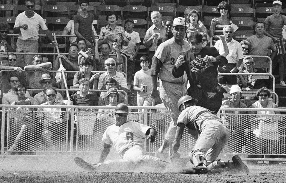 Red Wings center fielder Rich Coggins is called out at home against Winnipeg on August 8, 1971 at Silver Stadium. The Wings would win the game 10-3.